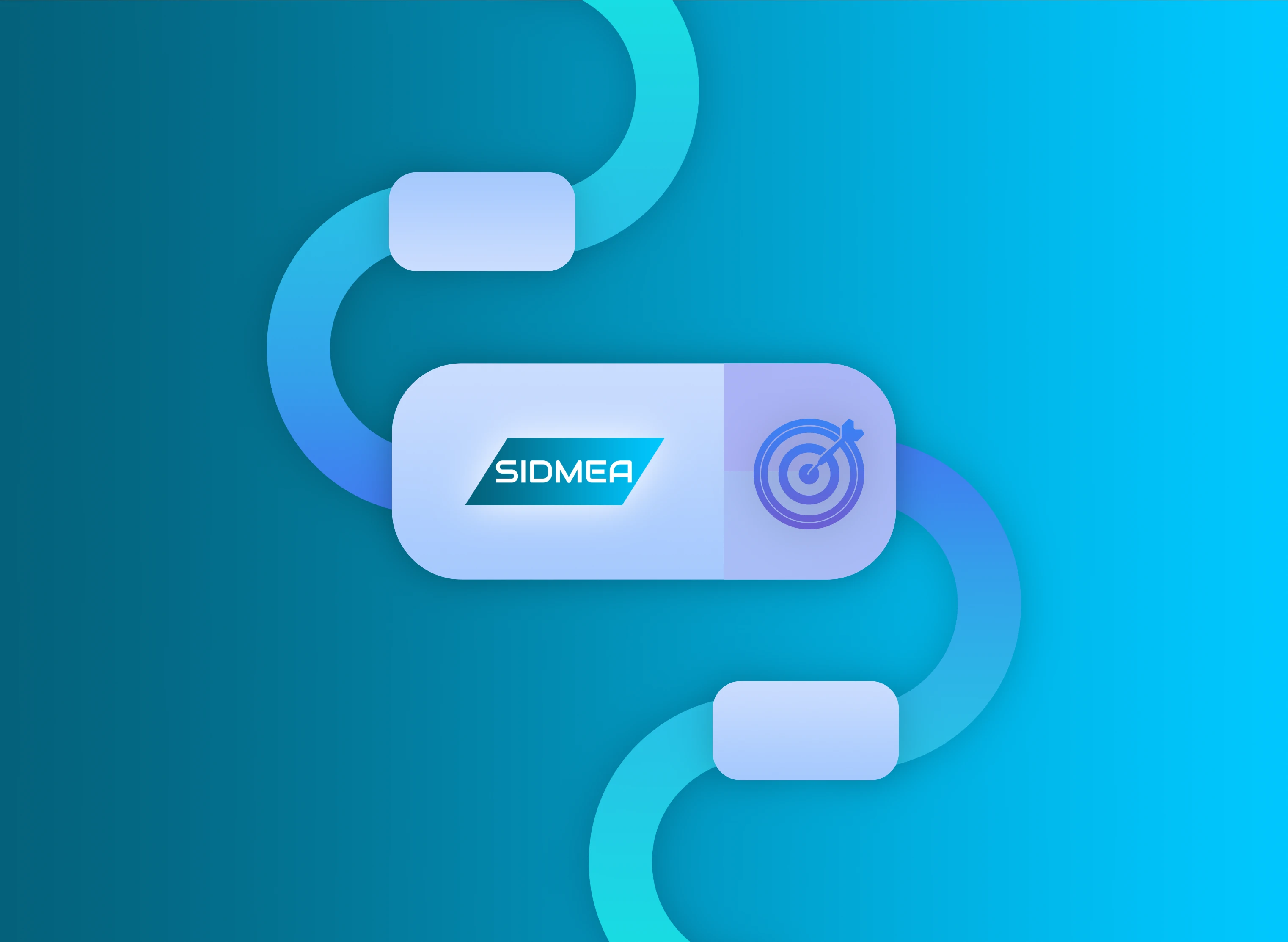 Illustration eines S-förmigen Prozessflusses mit SIDMEA-Kachel, Zielscheiben-Symbol auf blauem Verlaufshintergrund.