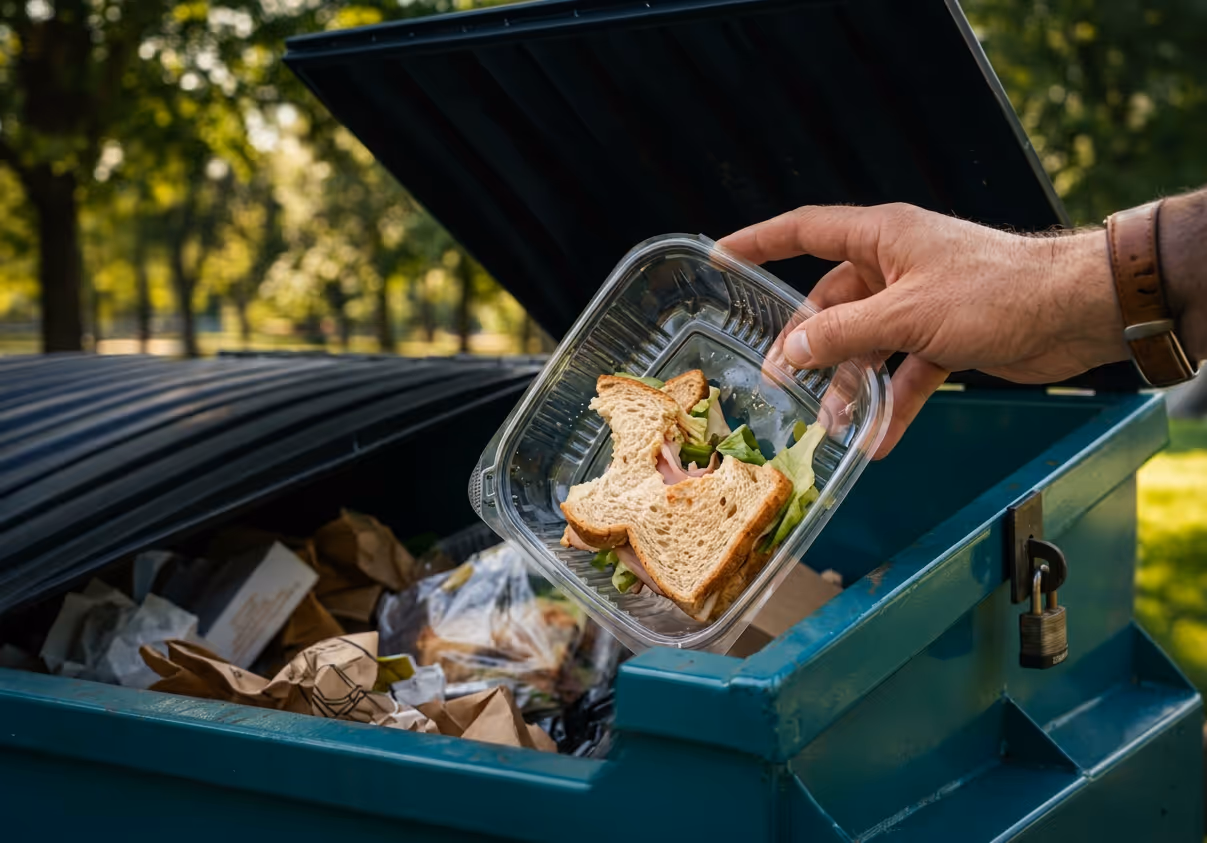 Hand holding a plastic container with a half-eaten sandwich over an open dumpster full of trash.