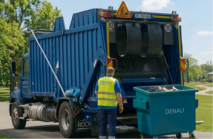 Waste collection employee wearing high-visibility vest operating a blue Denali garbage truck with matching waste bin outdoors.