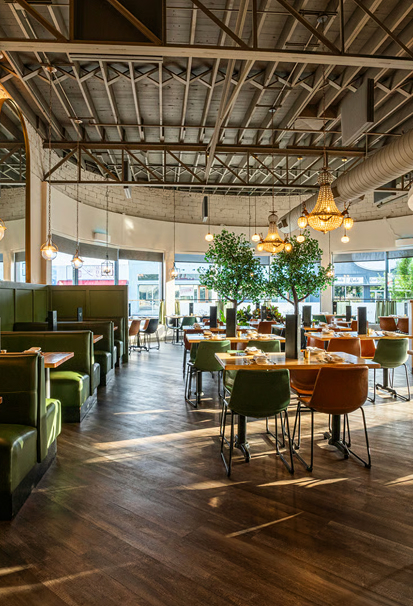 Spacious restaurant interior with green and brown chairs, chandeliers, and decorative trees near large windows.