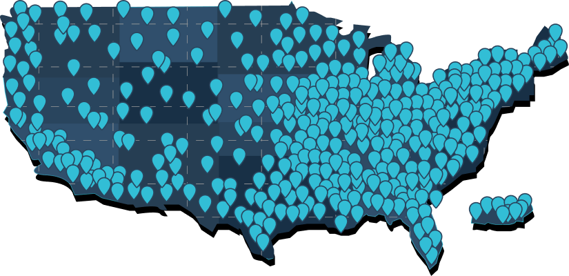 Map of the United States covered with markers showing Denali service locations nationwide