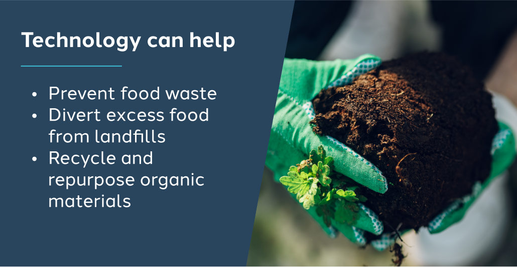 Image: A gloved hand with a handfull of soil/fertilizer. Text: Technology can help prevent food waste, divert excess food from landfills, and recycle & repurpose organic materials. 