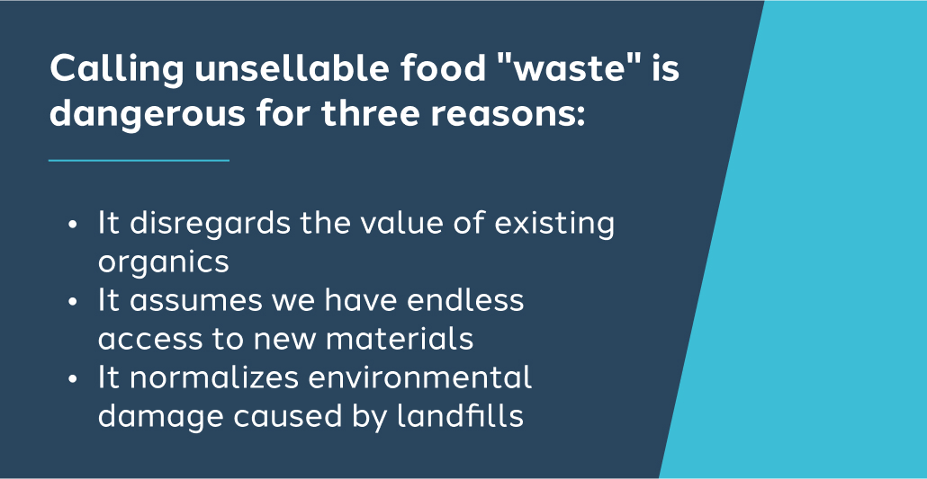 Text: Calling unsellable food "waste" is dangerous for three reasons: 1. It disregards the value of existing organics 2. It assumes we have endless access to new materials 3. It normalizes environmental damage caused by landfills.