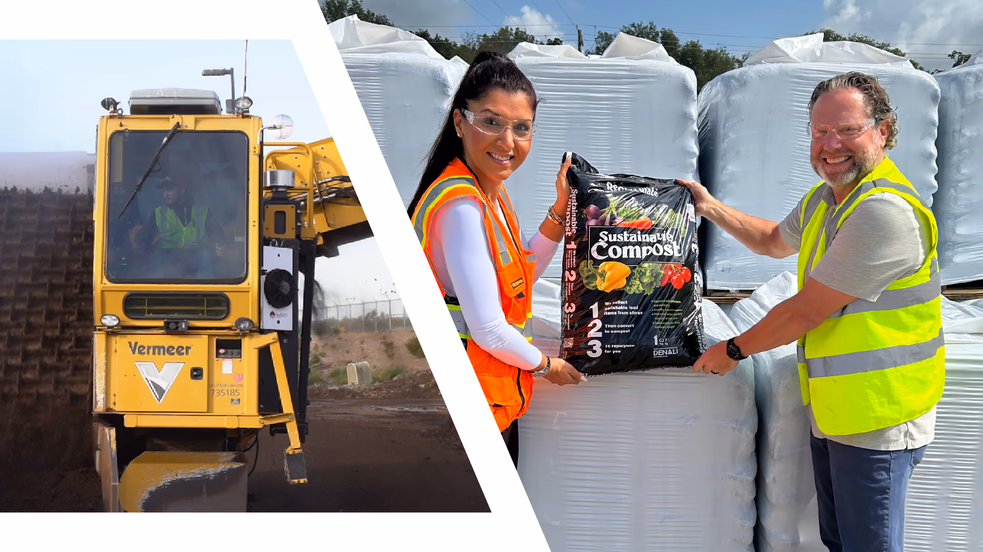 Image 1: specialized Denali equipment. Image 2: 2 smiling Denali employees wearing safety goggles, work vests, and holding a bag of ReCirculte compost.