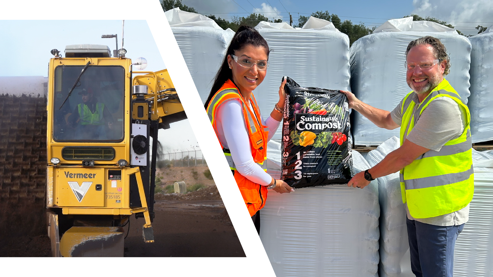 Image 1: specialized Denali equipment. Image 2: 2 smiling Denali employees wearing safety goggles, work vests, and holding a bag of ReCirculte compost.