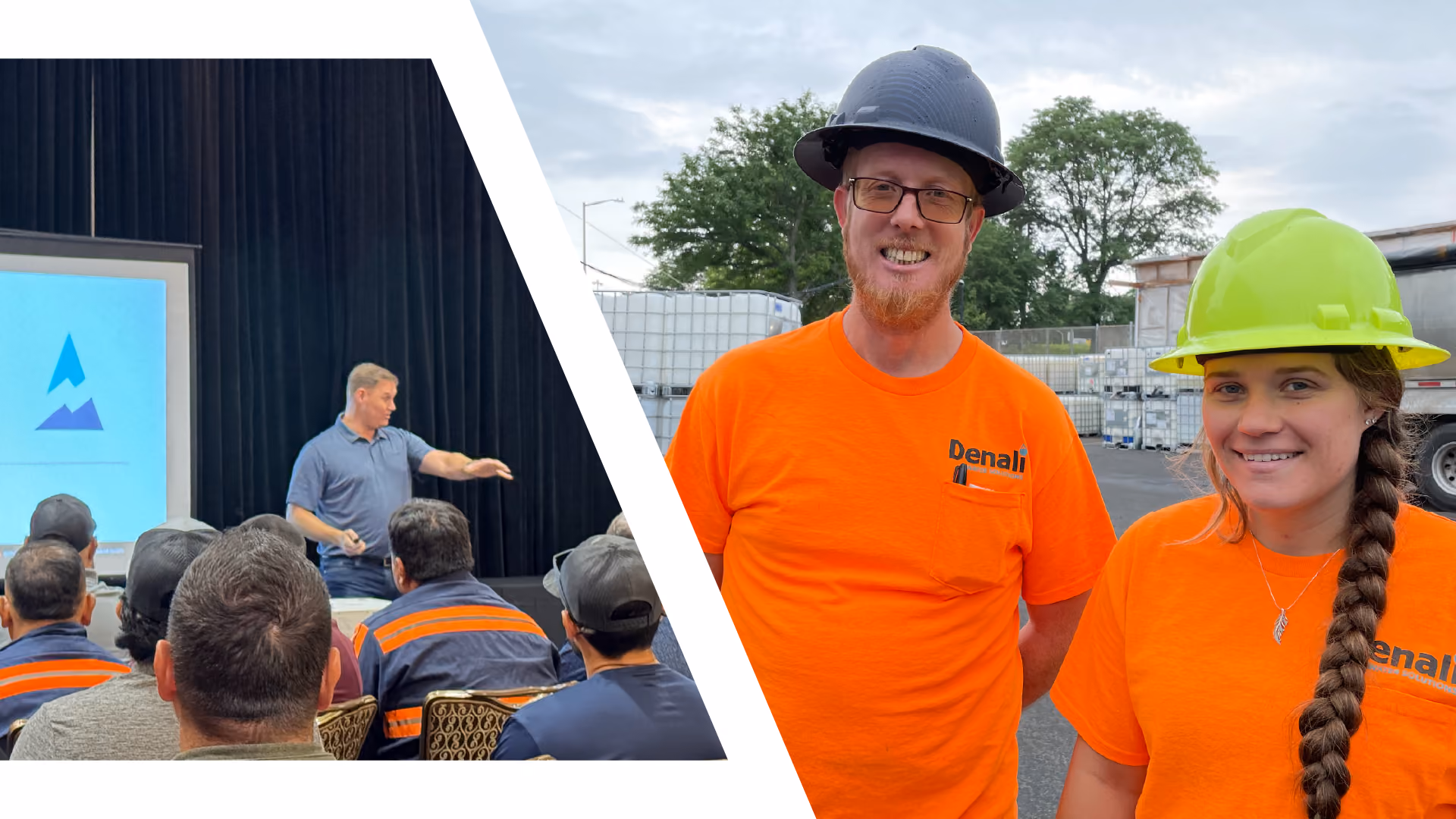Image 1: employees seated inside at a training session. Image 2: Two smiling Denali employees, standing outside in hard hats.