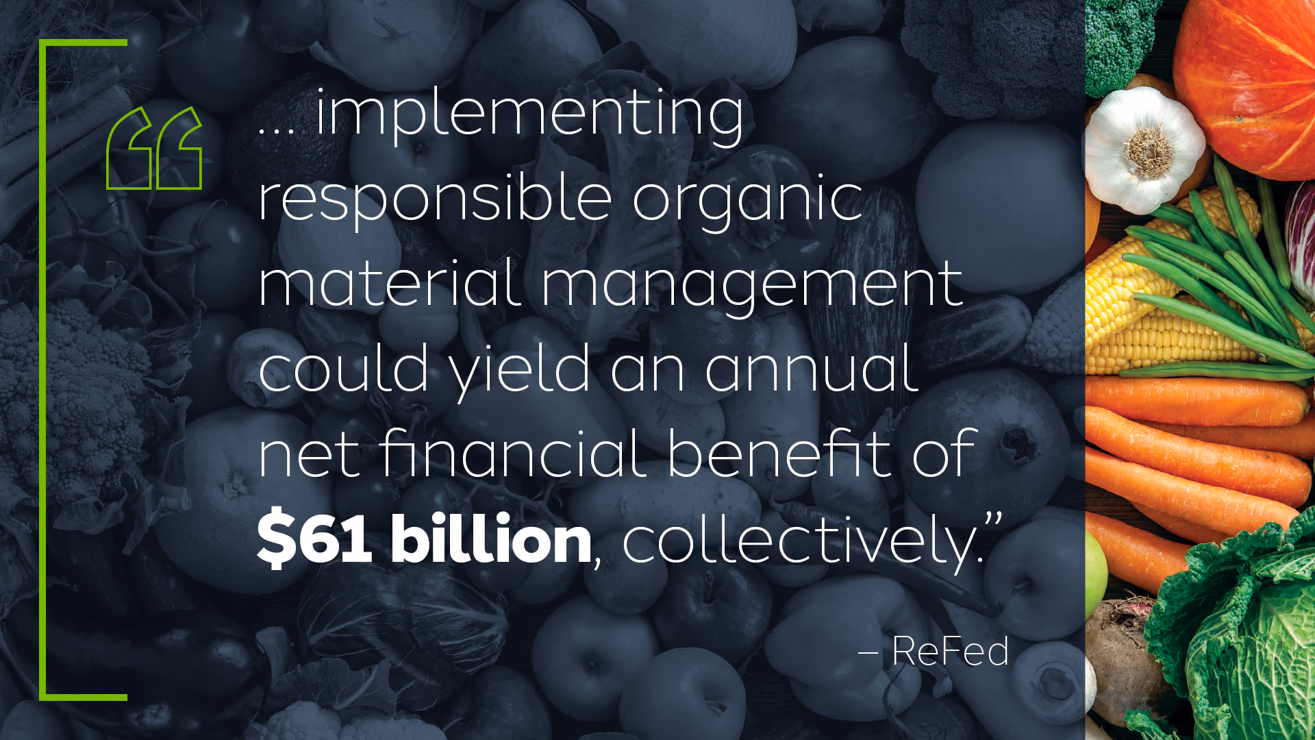 ReFed pull quote image ("...implementing responsible organic material management could yield an annual net financial benefit of $61 billion, collectively")