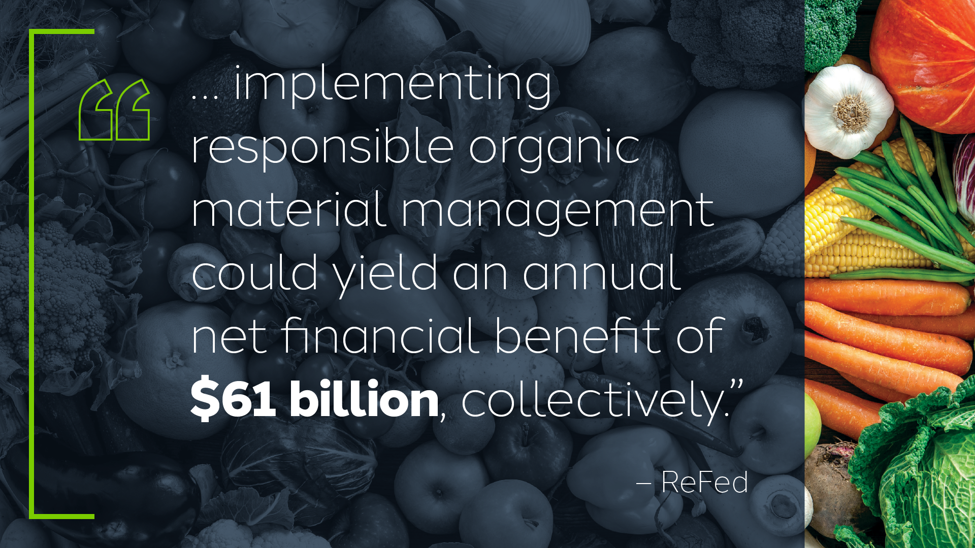ReFed pull quote image ("...implementing responsible organic material management could yield an annual net financial benefit of $61 billion, collectively")