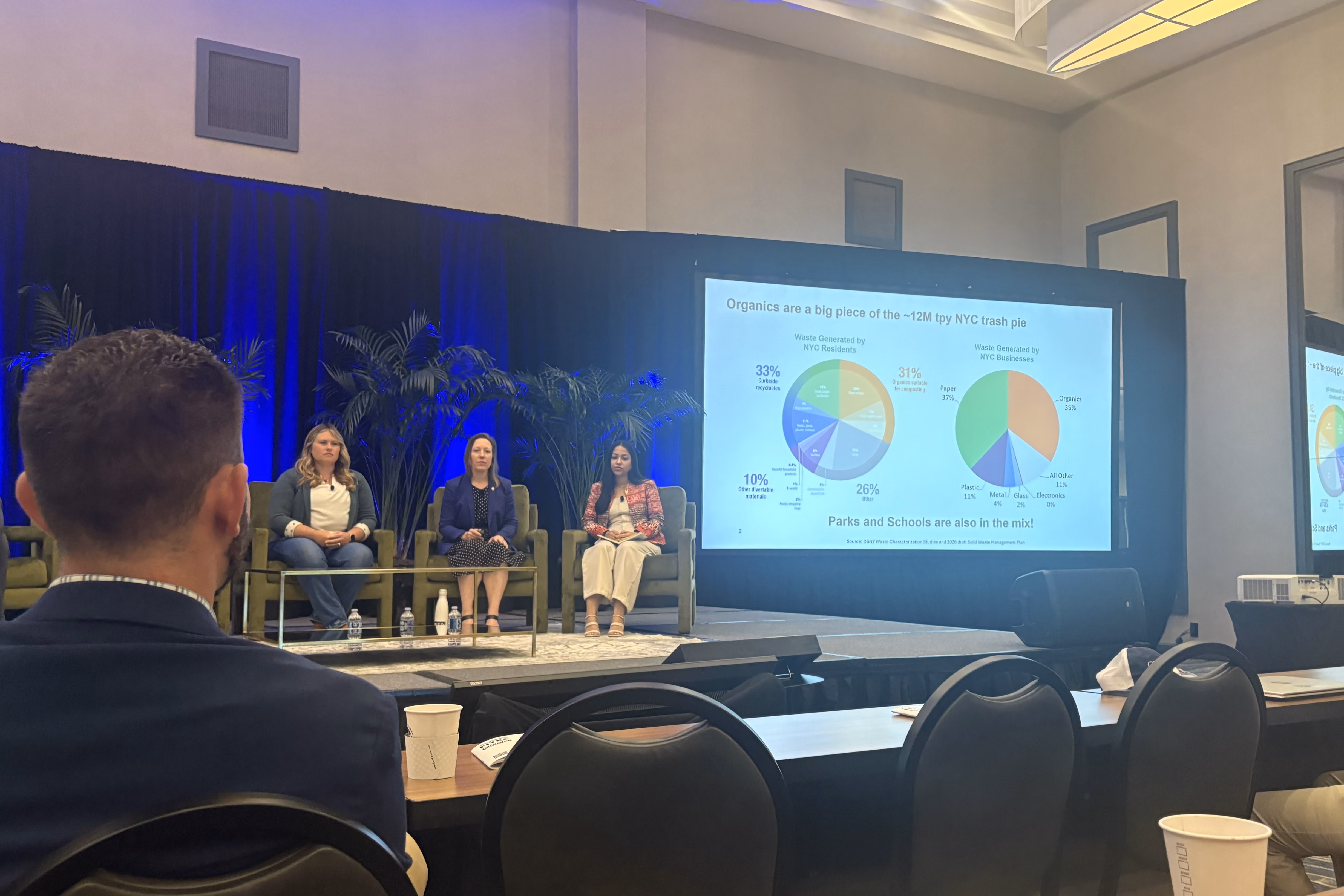 Several panel members on stage discussing successful organics diversion programs within corporations and municipalities.