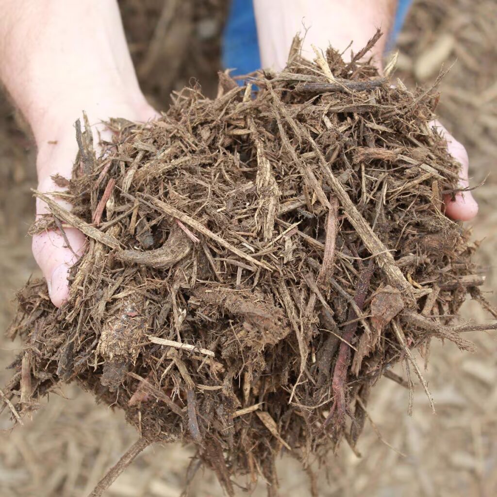 Hands holding ground hardwood mulch