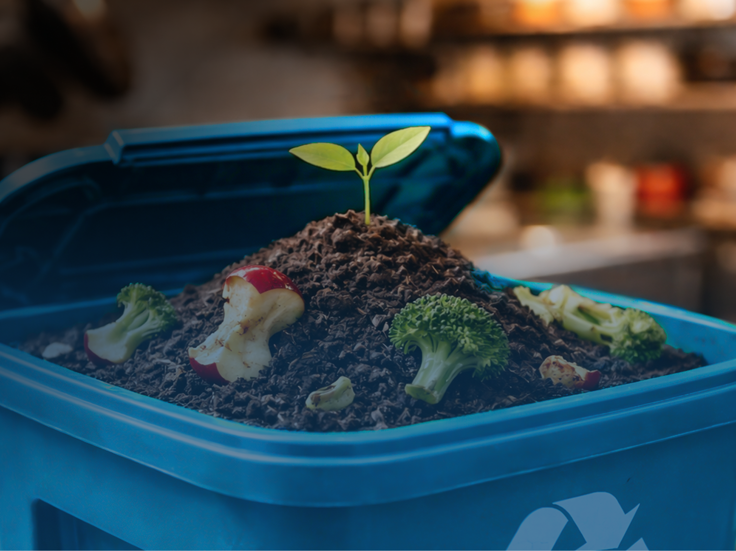 Recycling bin filled with soil, littered with food waste, and a plant sprouting on top