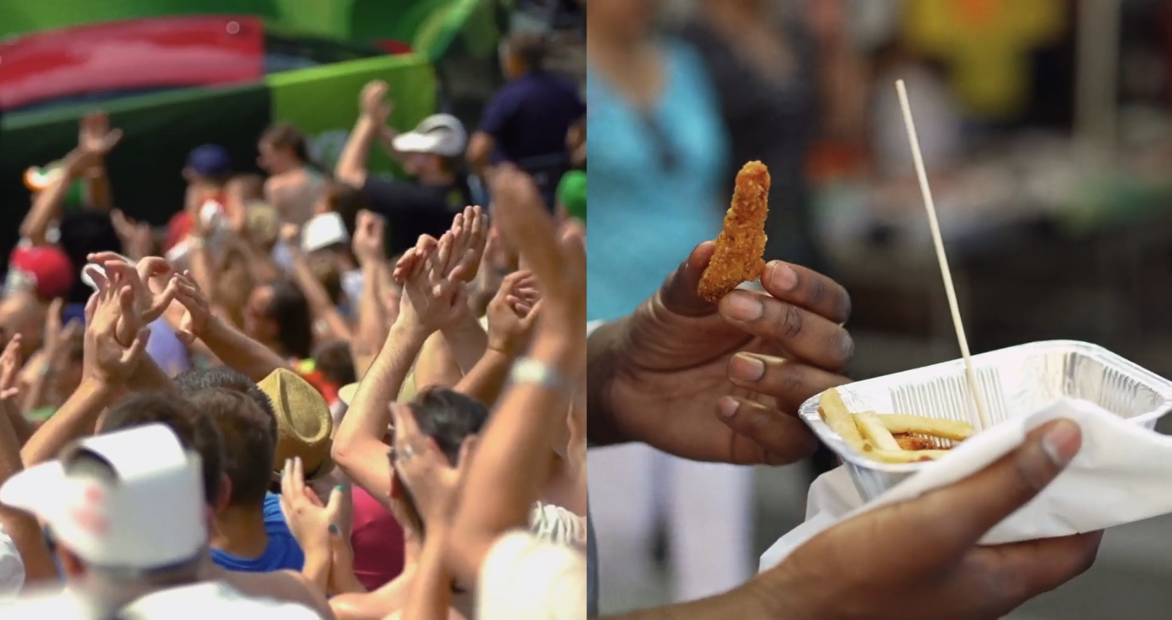 NASCAR fans cheering and eating chicken tender and fries
