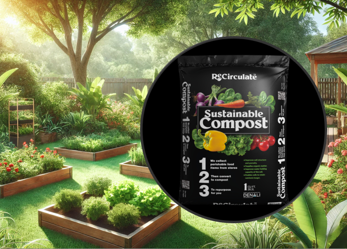 Bag of ReCirculate Sustainable Compost in front of lush green home garden