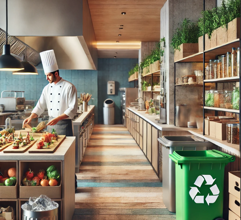 Man prepares produce in sustainable kitchen