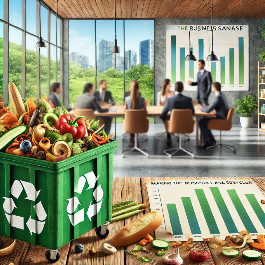 Recycling bin full of food scraps with company board in background