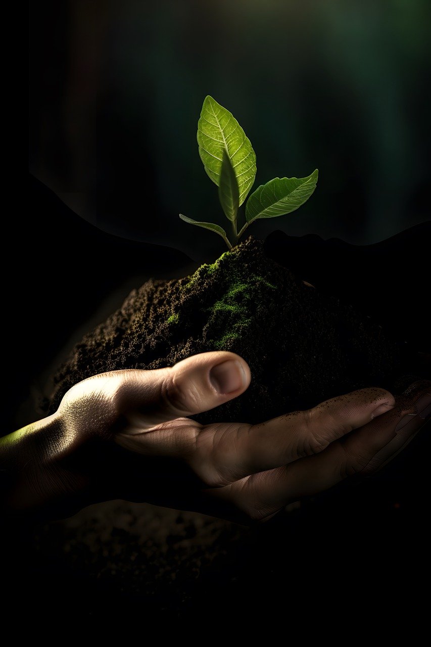 Hand holding rich soil with single plant
