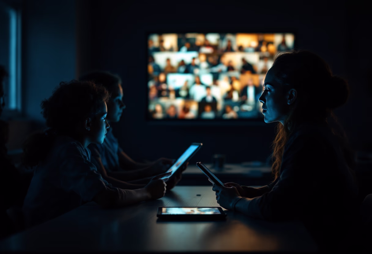 image of a teacher interacting with students using digital tools (for an edtech)