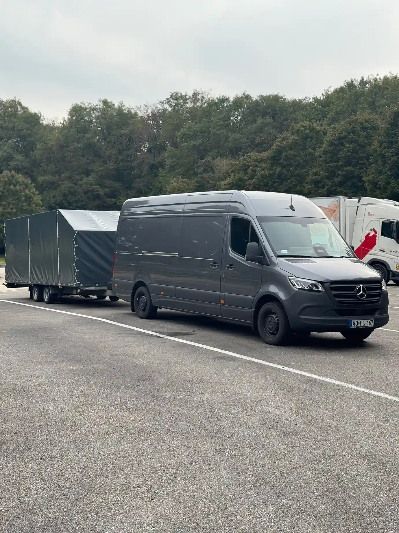 Grey van and enclosed trailer parked in a lot.