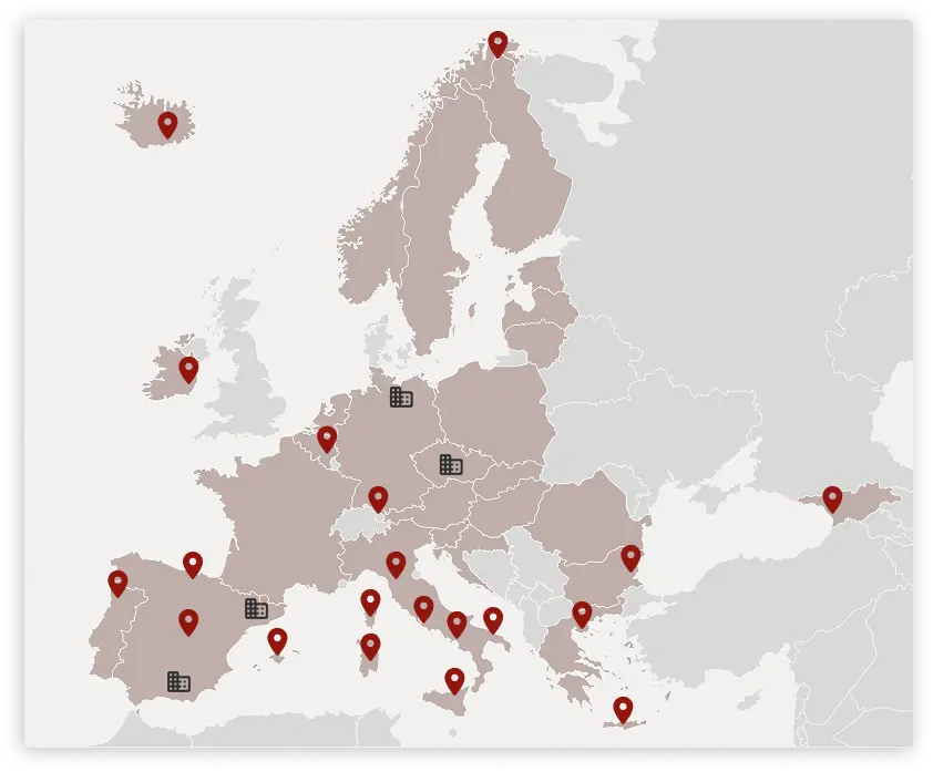 Európa térkép, amelyen ki van emelve Magyarország és fel vannak tűntetve a jelenlegi úti célok és raktárak.