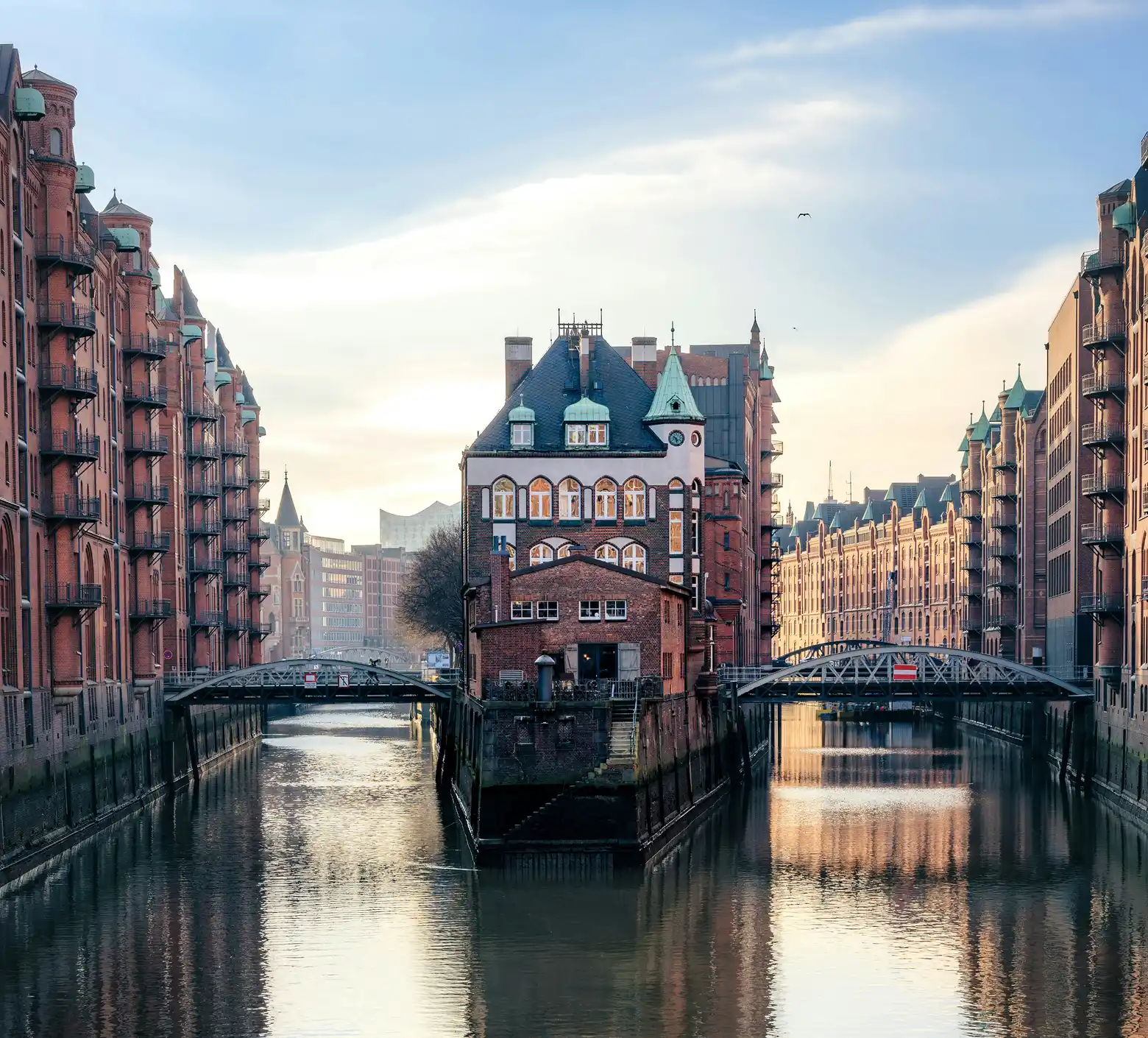 Redbrick buildings on the channel in Speicherstadtt.