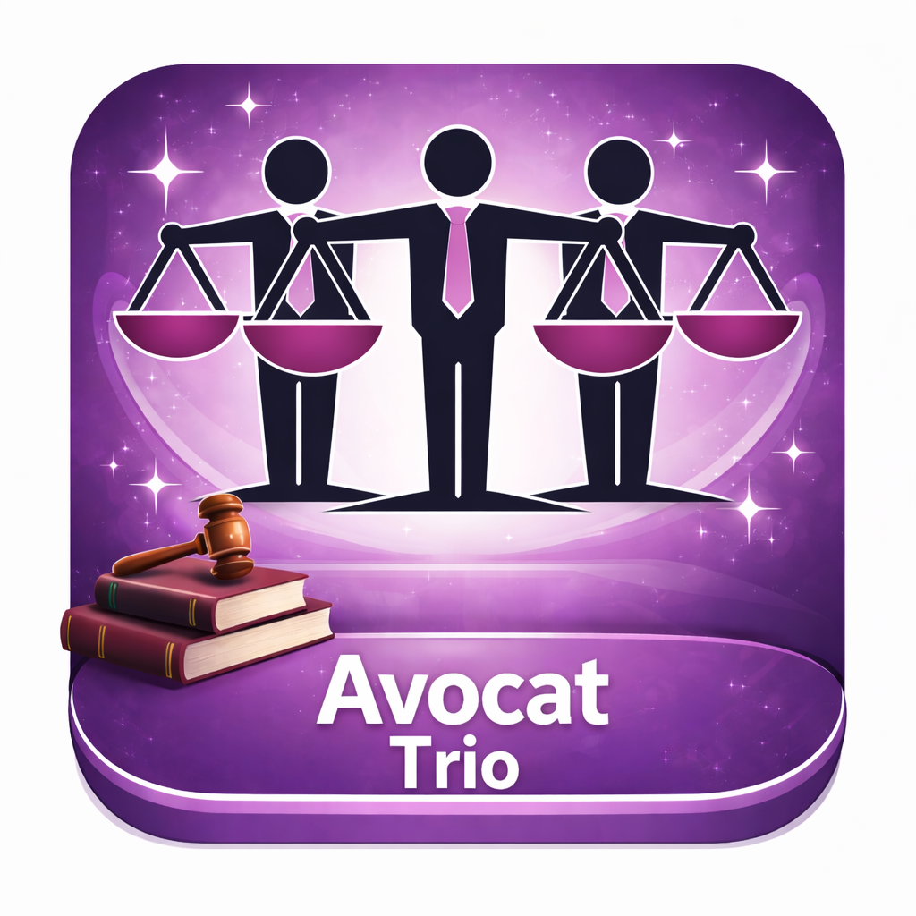Illustration of three stylized figures in suits holding balanced scales, with a judge's gavel resting on two books and the text 'Avocat Trio' below.