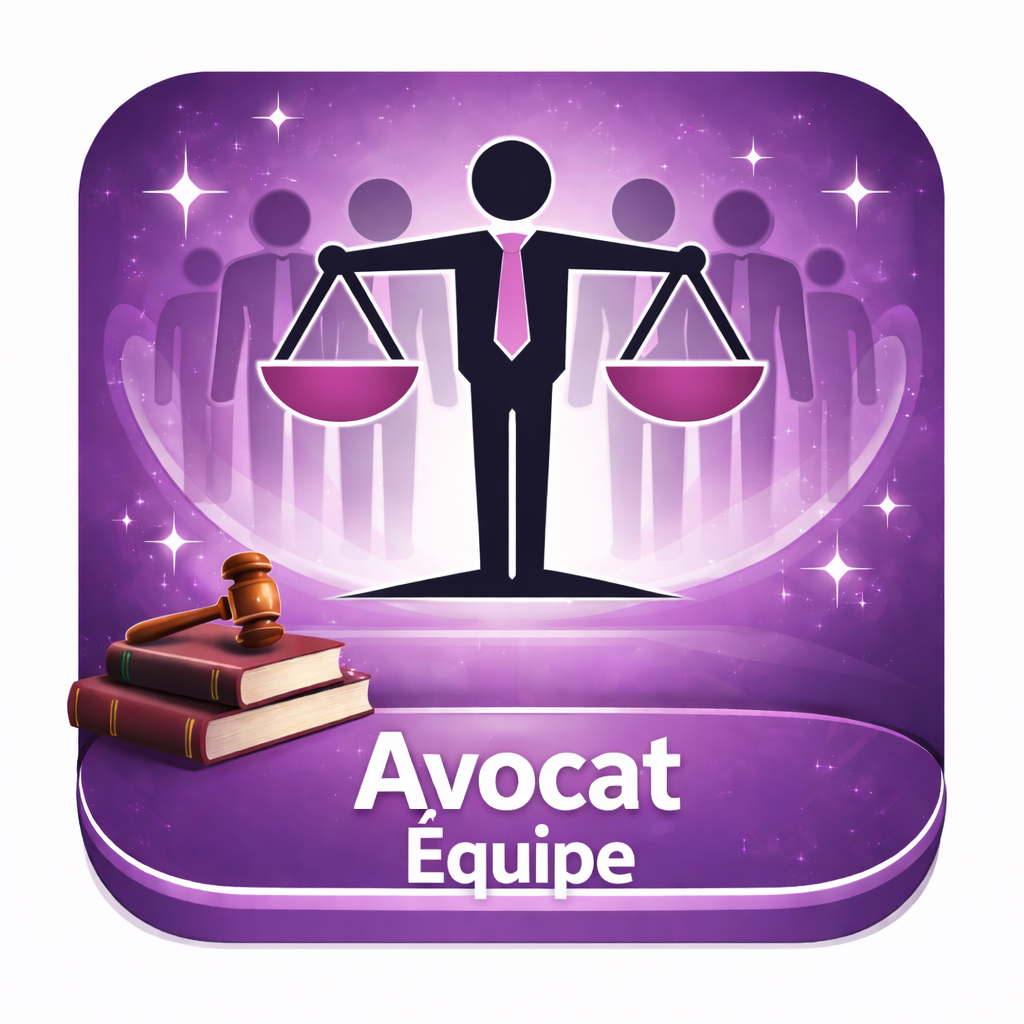 Illustration of a figure holding balanced scales with shadowed figures in background, books with a gavel, and text 'Avocat Équipe' on a purple background.