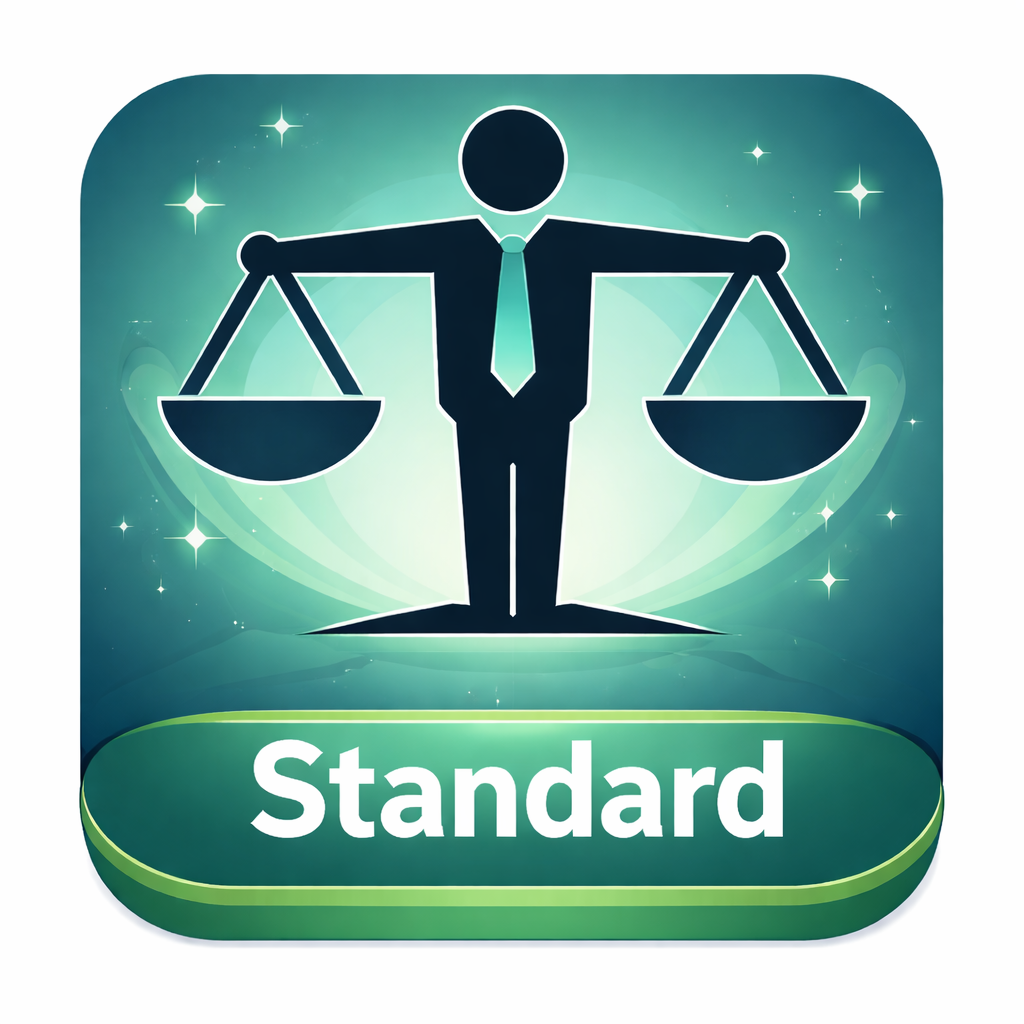 Illustration of a person with outstretched arms holding balanced scales above the word Standard on a green background with stars.