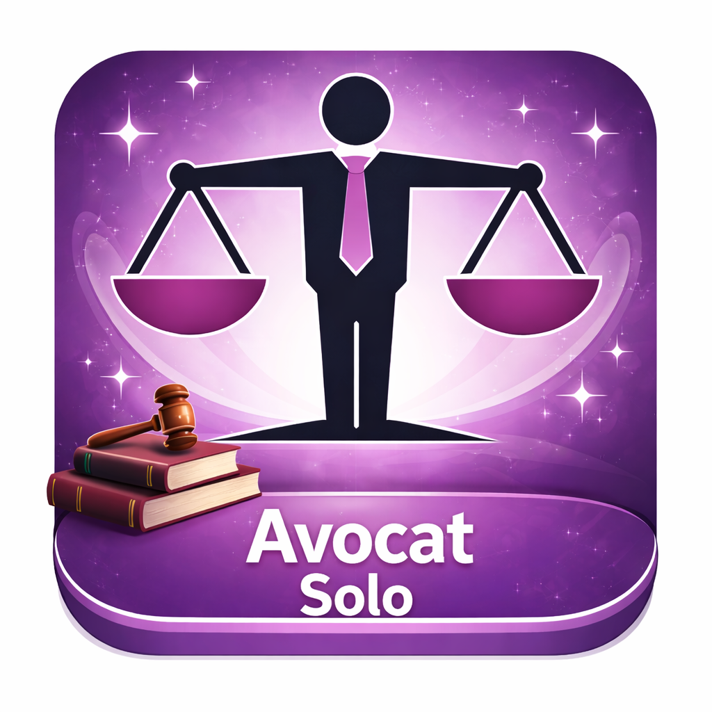 Icon with a figure holding balanced scales, two law books and a gavel, and the text 'Avocat Solo' on a purple sparkling background.