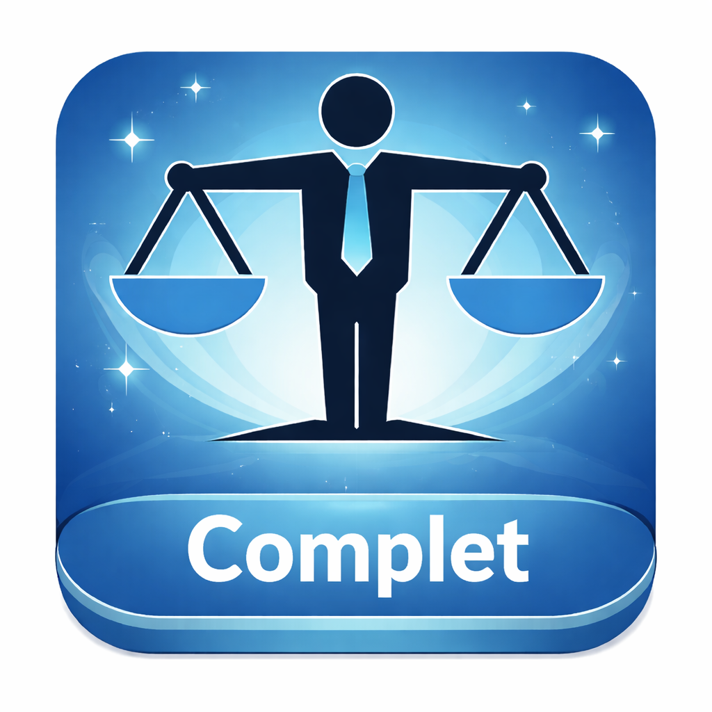 Icon of a person holding balanced scales with the word 'Complet' below in a blue rounded square.