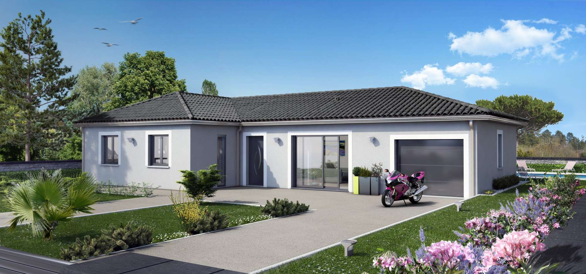 Maison Hévèa en L avec porche d’entrée en biseau et architecture optimisée