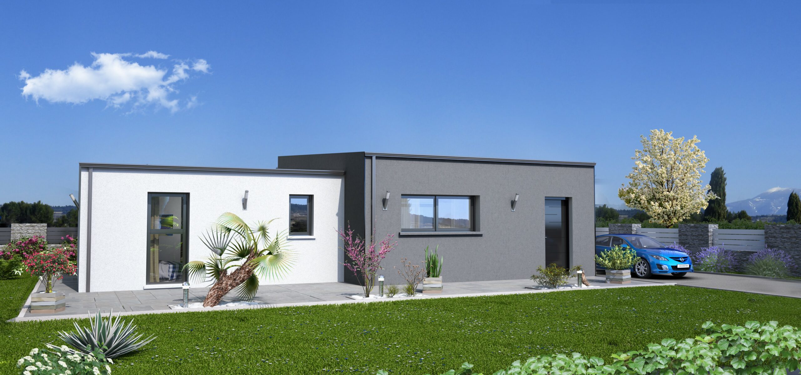 Maison individuelle modèle Teck NEOMYA avec architecture modulaire et volumes décalés, vue extérieure sur jardin