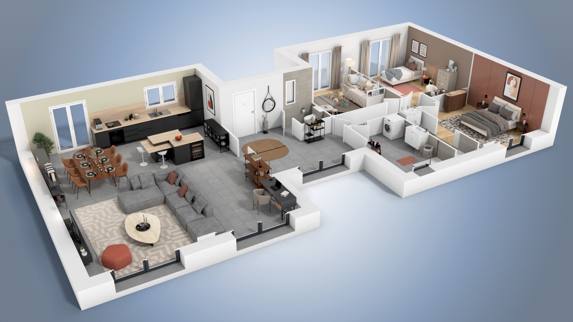 Plan intérieur de la maison Hibiscus en forme de H avec espaces indépendants et terrasse abritée