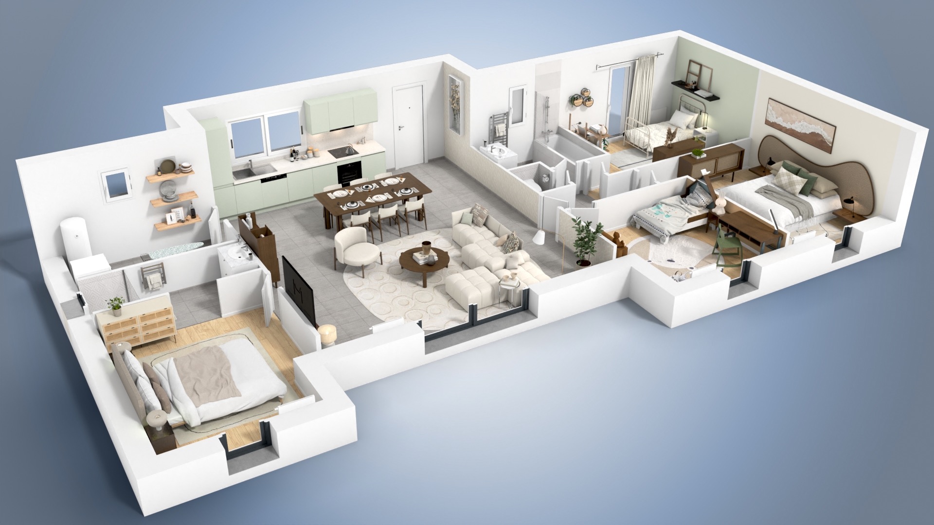 Plan intérieur 3D de la maison Teck NEOMYA, espaces de vie ouverts avec salon, cuisine et chambres lumineuses