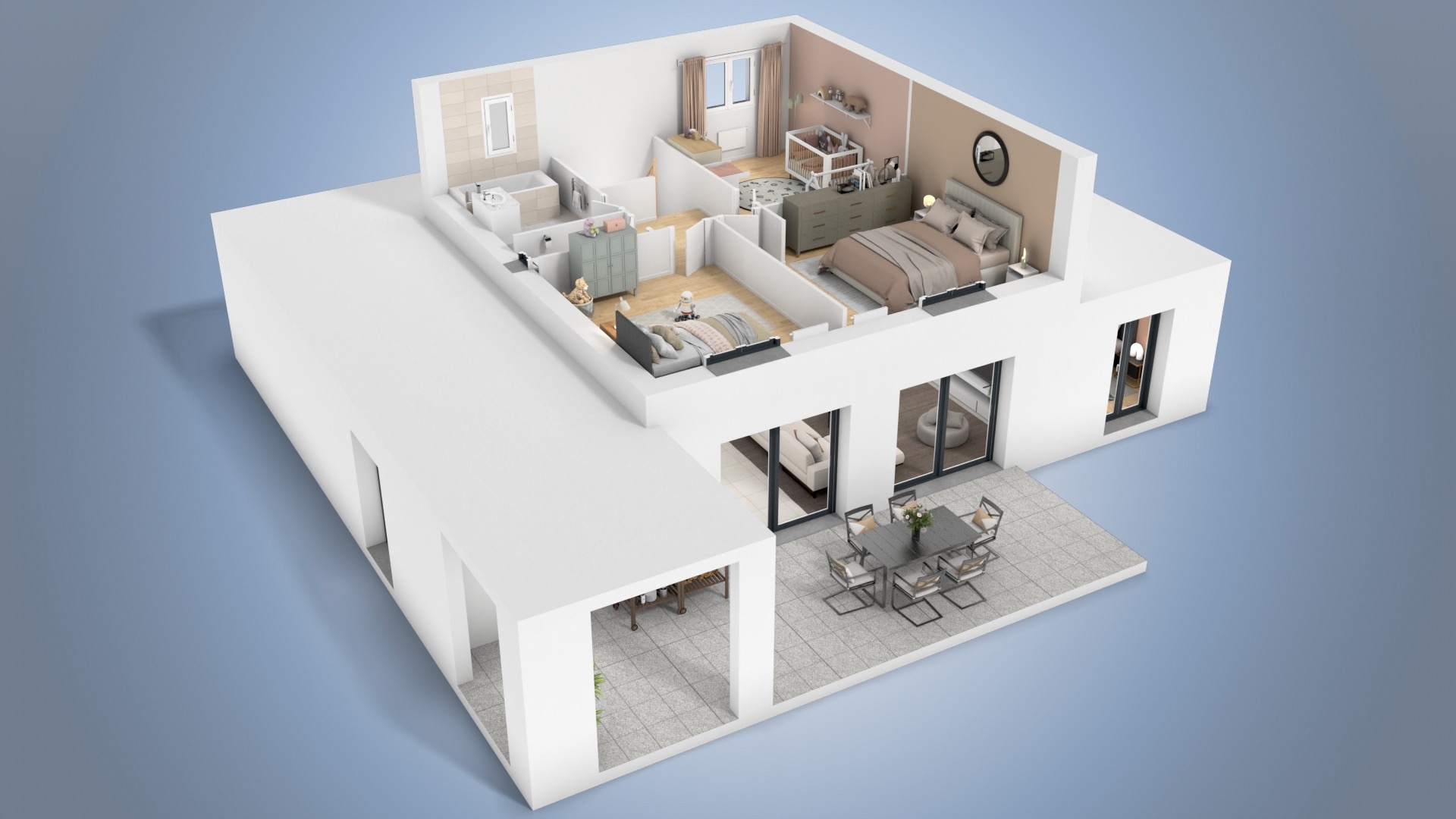 Plan 3D de l’étage de la maison Mélèze NEOMYA, chambres spacieuses, salle de bain et circulation fonctionnelle.