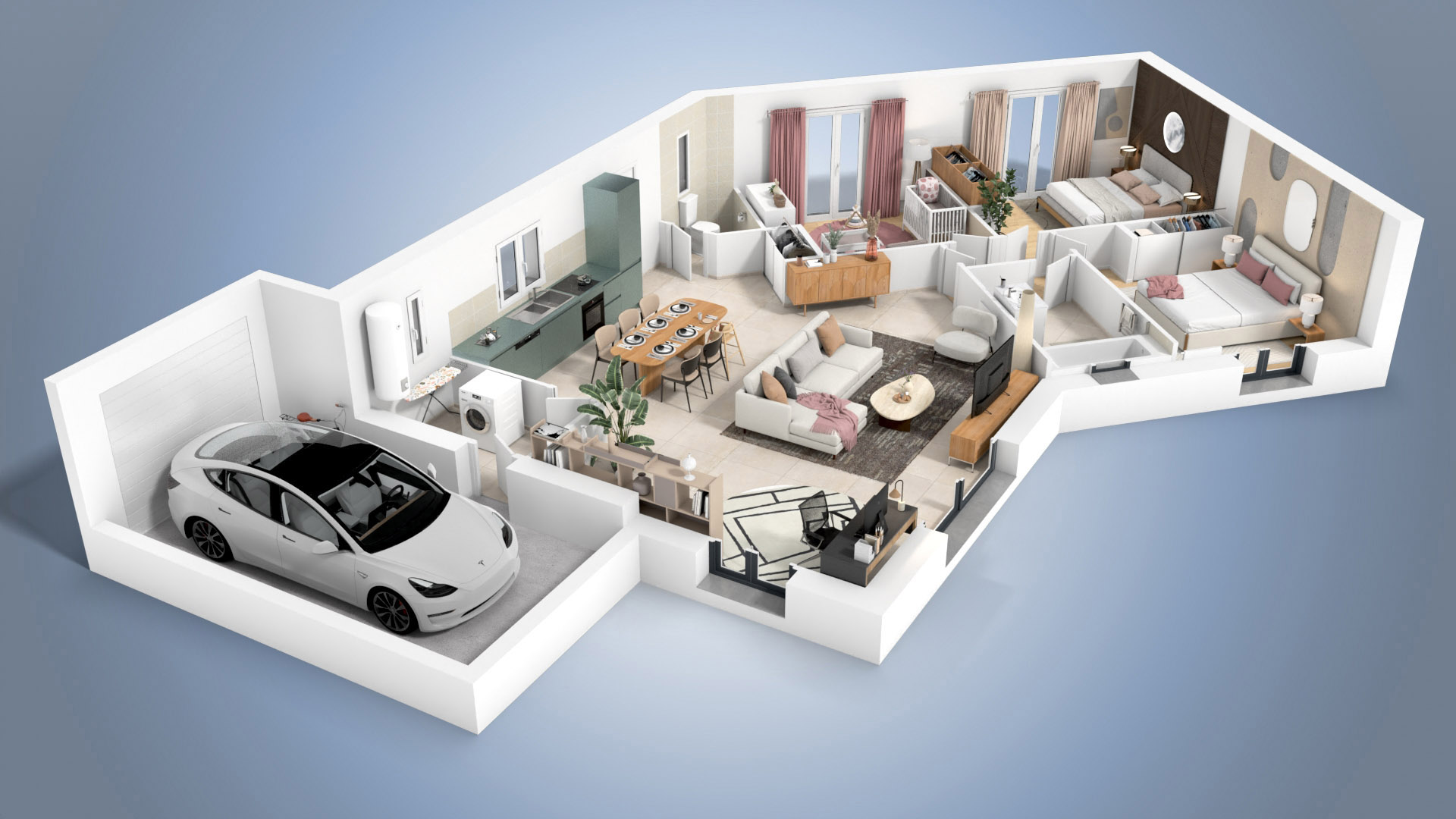 Plan intérieur maison Tamaya en V avec grand séjour, cuisine ouverte et garage intégré