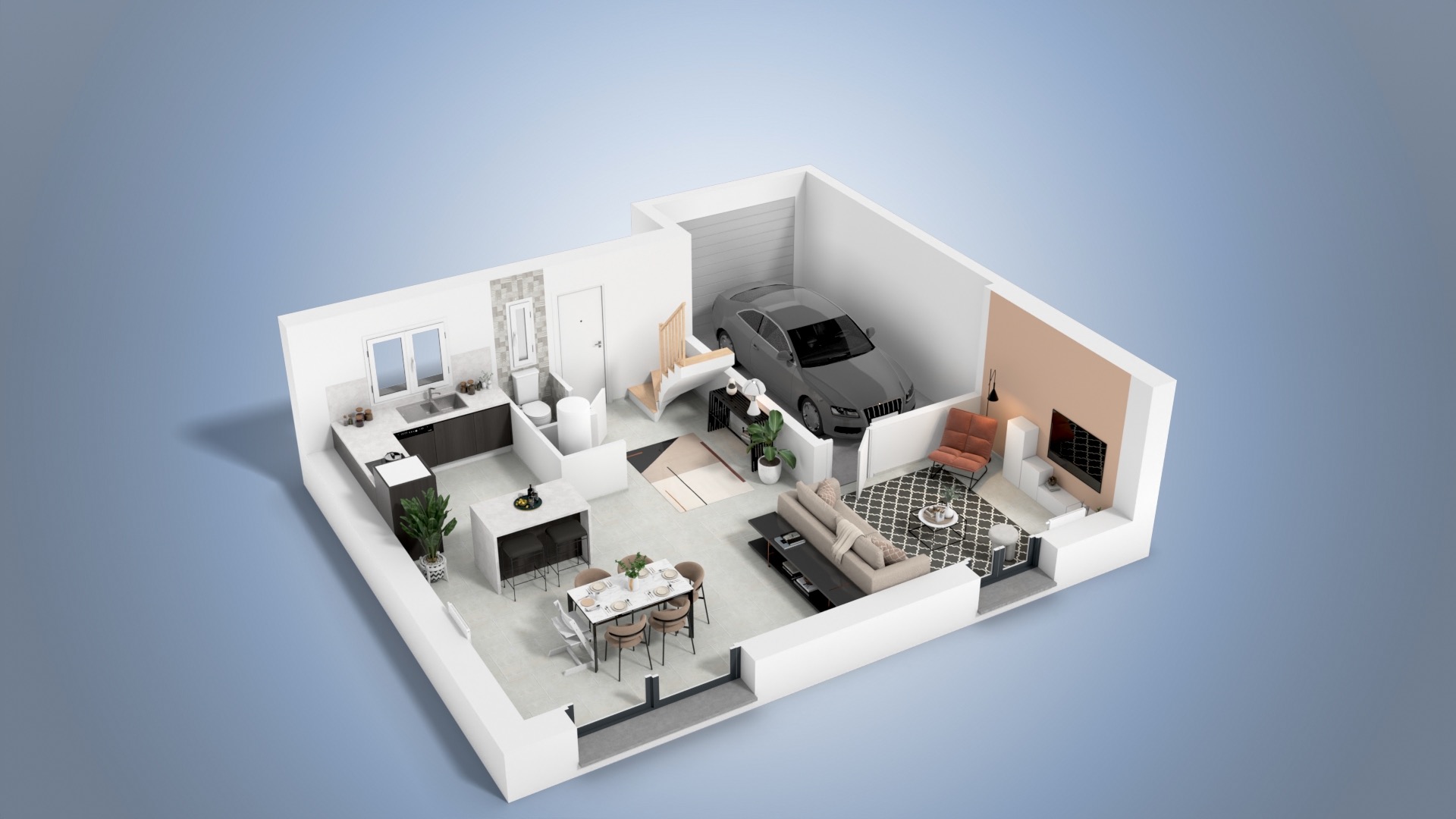 Intérieur de la maison Filao avec espace de vie ouvert, cuisine moderne et salon lumineux au rez-de-chaussée