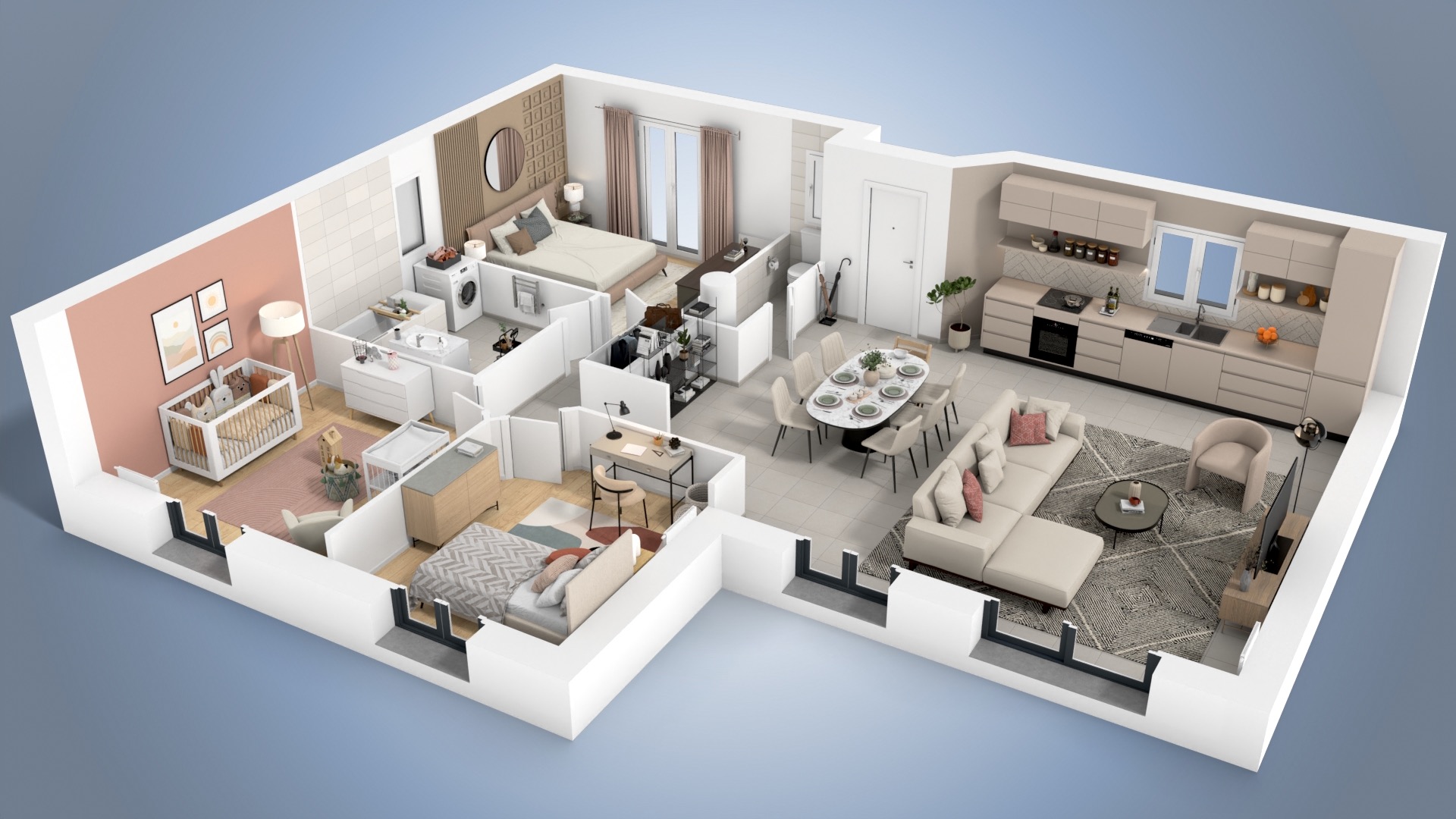 Plan intérieur 3D de la maison Hévèa en L avec espaces optimisés et porche central