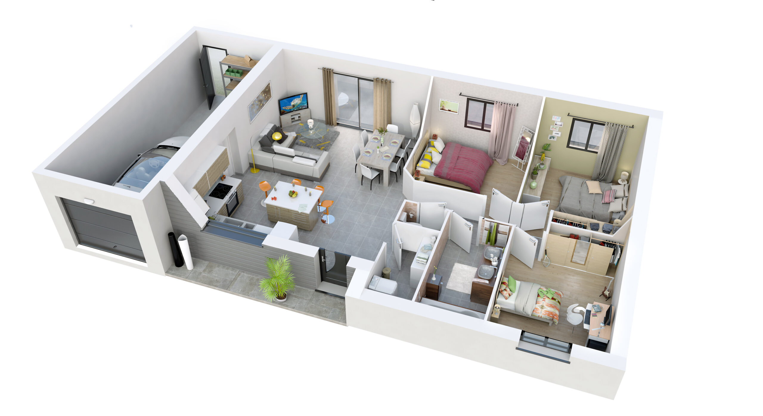 Plan intérieur 3D de la maison VERA avec séjour ouvert, cuisine moderne et espace nuit fonctionnel