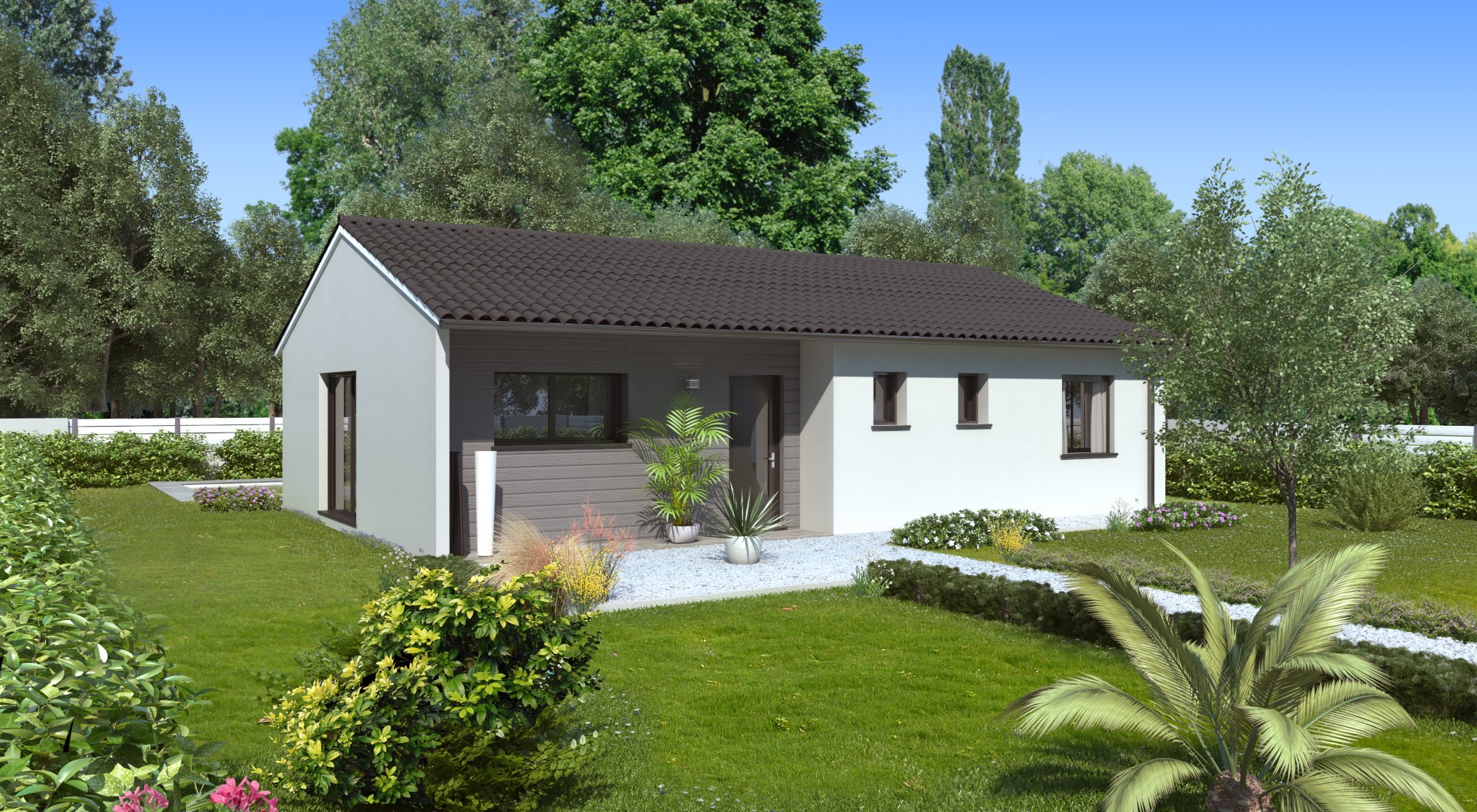 Maison individuelle VERA avec garage, toiture tuiles foncées et aménagement extérieur verdoyant