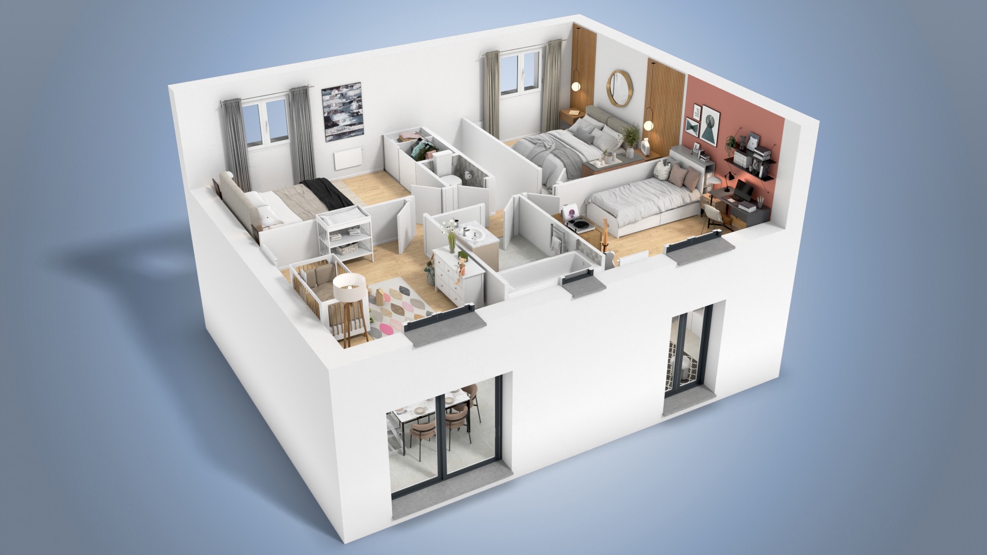 Étage de la maison Filao avec chambres fonctionnelles, salle de bain et circulation optimisée