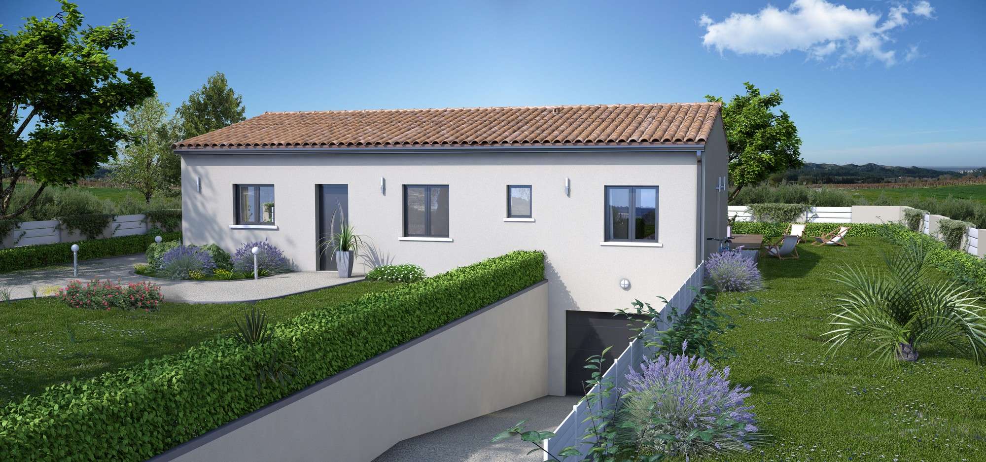 Maison ALOE de plain-pied avec garage intégré, architecture contemporaine et toiture en tuiles, façade lumineuse et jardin paysager