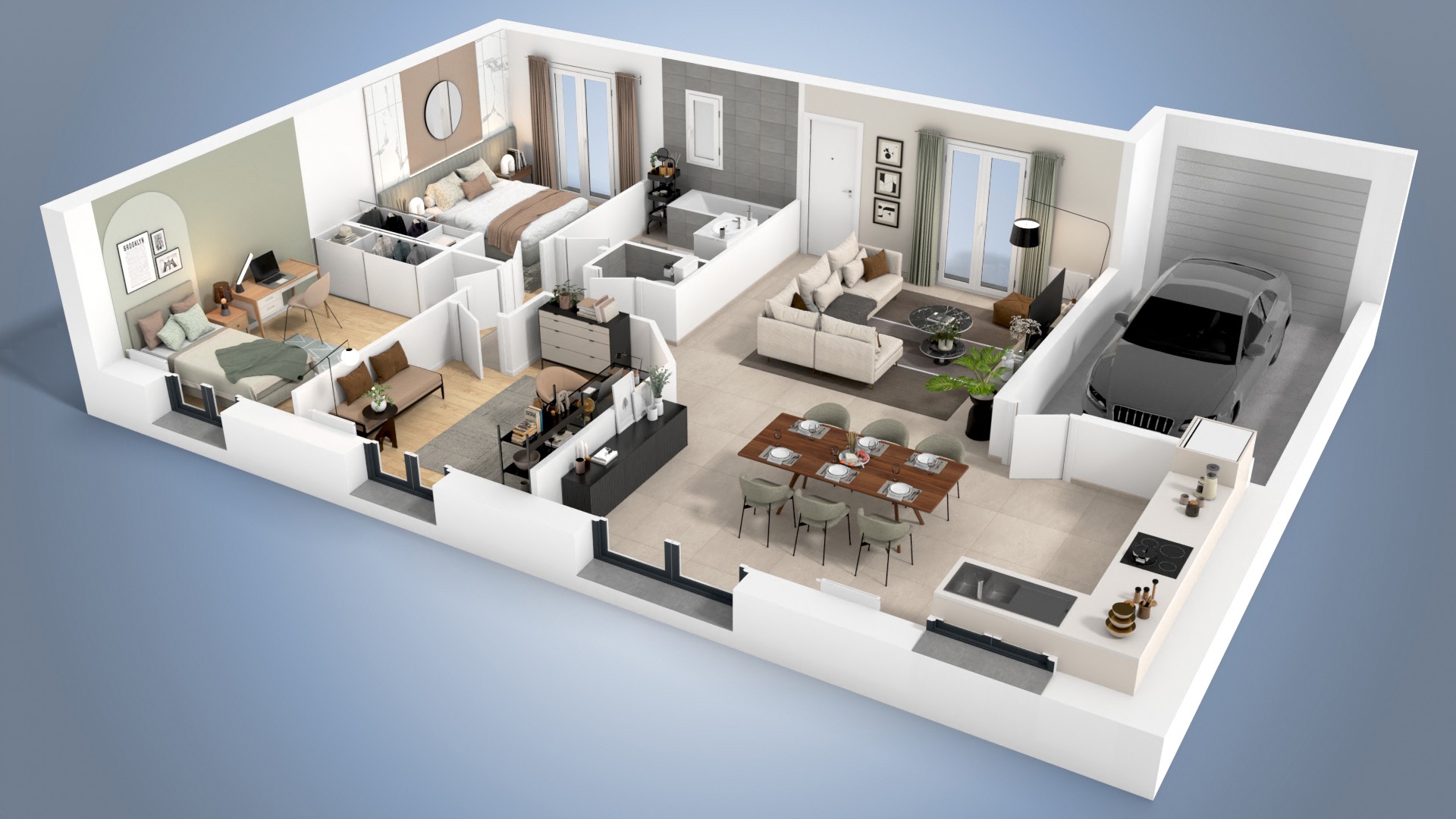 Plan intérieur 3D de la maison ALOE avec espace de vie ouvert, cuisine moderne, séjour lumineux et chambres fonctionnelles