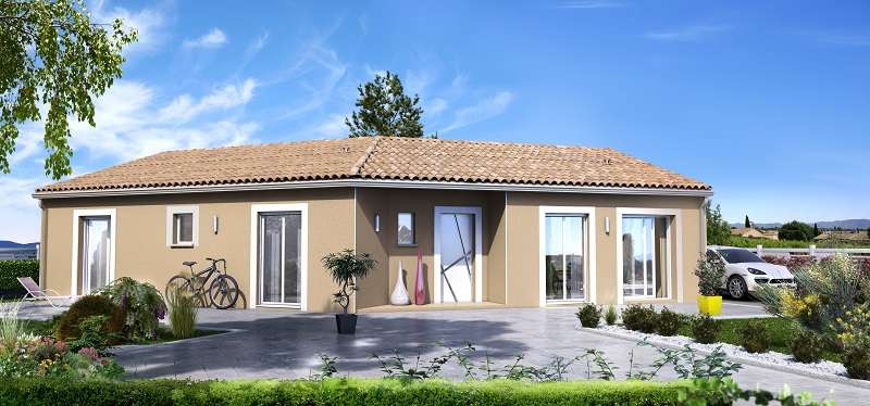 Modèle Tamaya maison en V contemporaine, façade bicolore et entrée centrale couverte