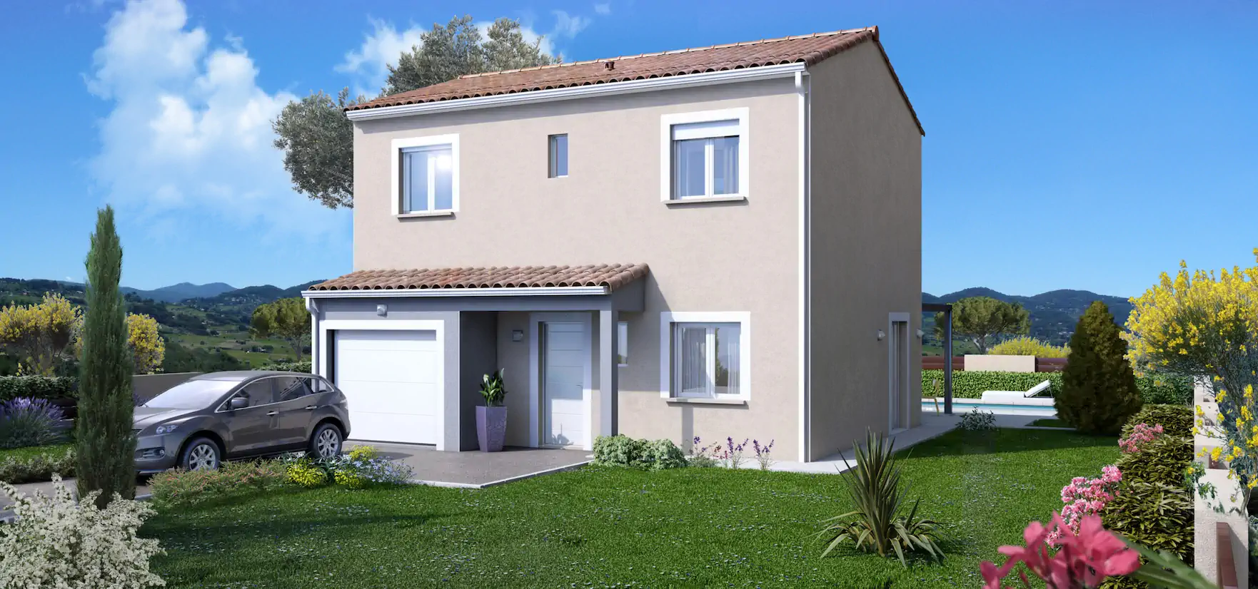 Maison Filao à étage avec garage intégré, architecture traditionnelle et façade claire, idéale pour terrain urbain