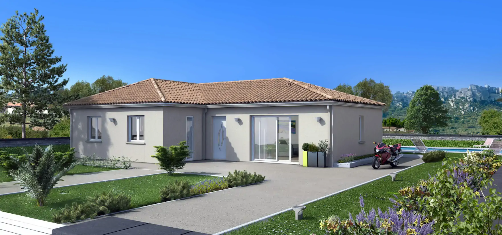 Maison Hévèa en L avec porche d’entrée en biseau et architecture optimisée