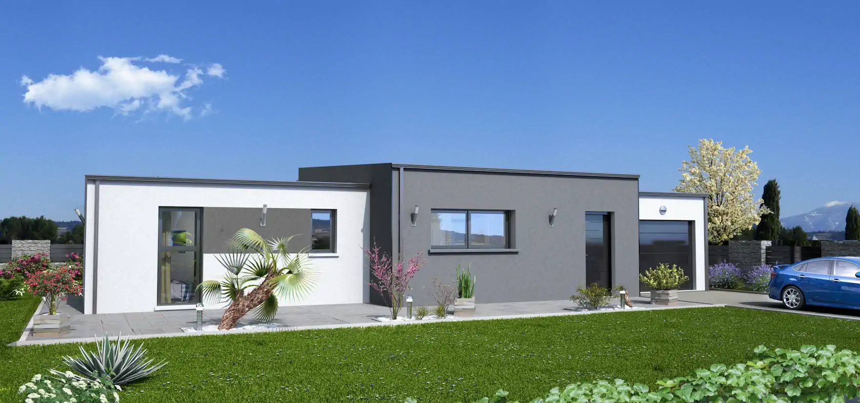 Maison contemporaine modèle Teck NEOMYA, maison de plain-pied aux lignes modernes avec toit plat et façade bicolore