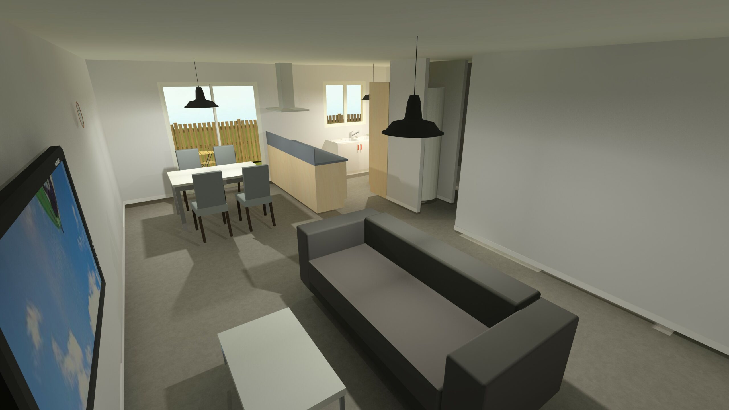 Plan intérieur 3D de la maison ALOE avec espace de vie ouvert, cuisine moderne, séjour lumineux et chambres fonctionnelles