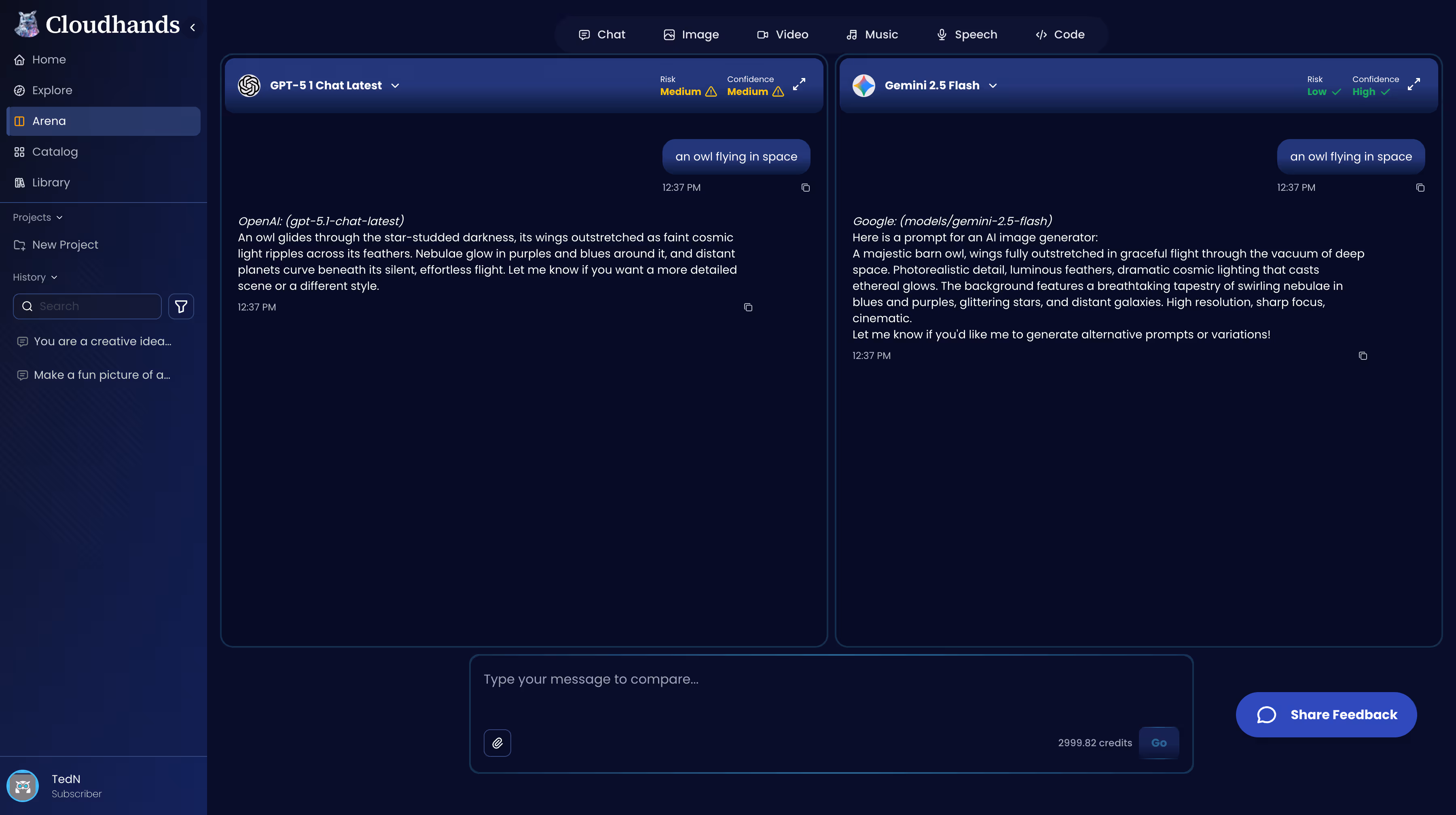 Screenshot of Cloudhands app displaying AI-generated image descriptions for prompt 'an owl flying in space' from GPT-5.1 Chat Latest and Gemini 2.5 Flash models with risk and confidence indicators.