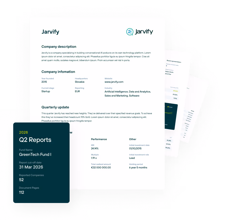 Document highlighting Jarvify company description, financial performance, and Q2 2026 GreenTech Fund I report summary.