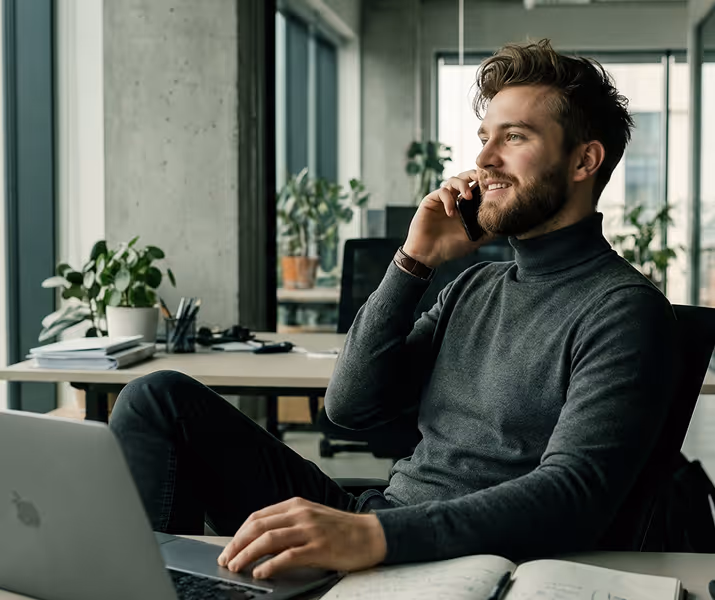 Smiling bearded man in a gray turtleneck talking on the phone while sitting at a desk with a laptop and open notebook in a modern office.